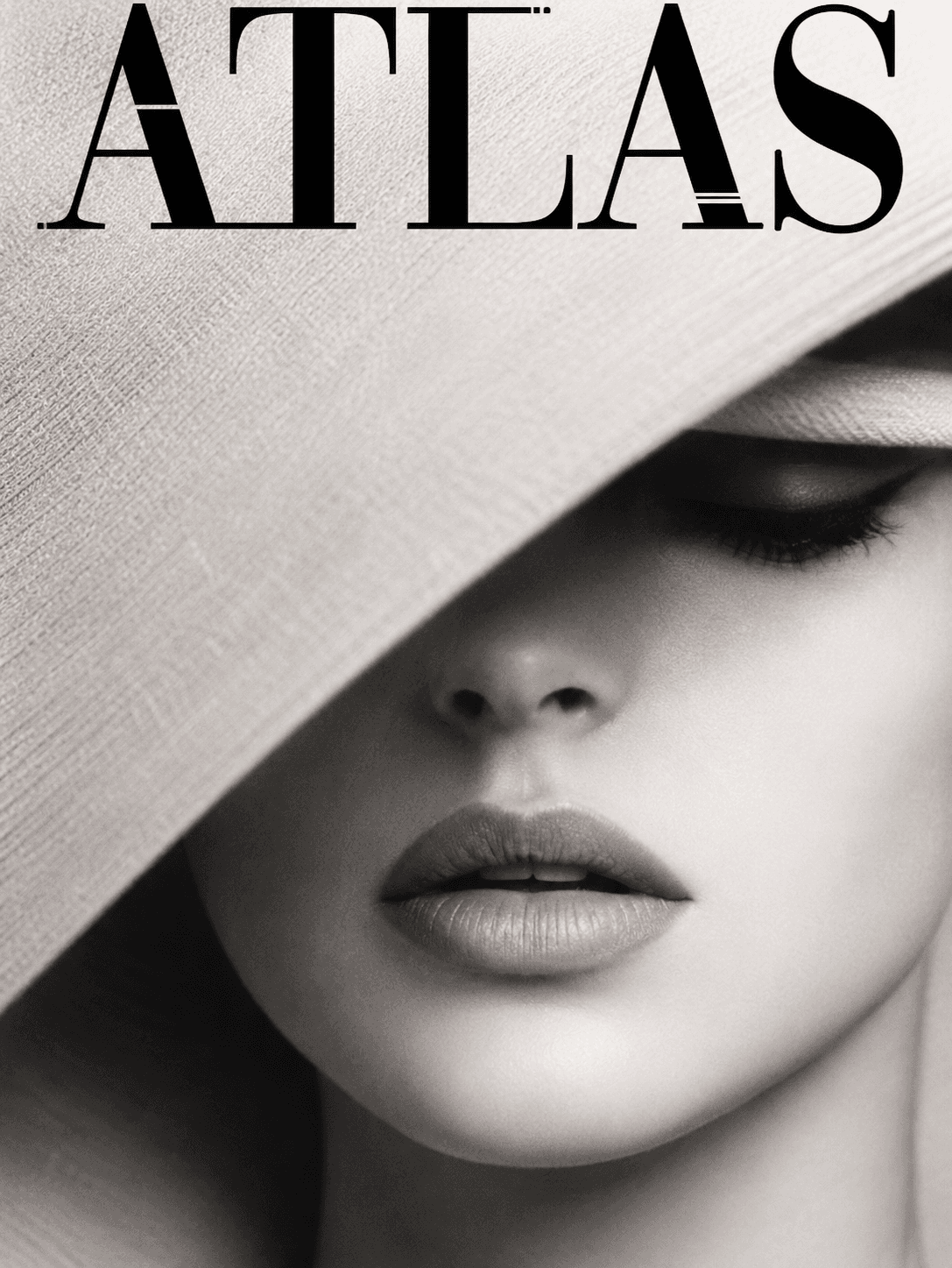 Monochrome ATLAS cover image with a wide hat and close-up fashion portrait.