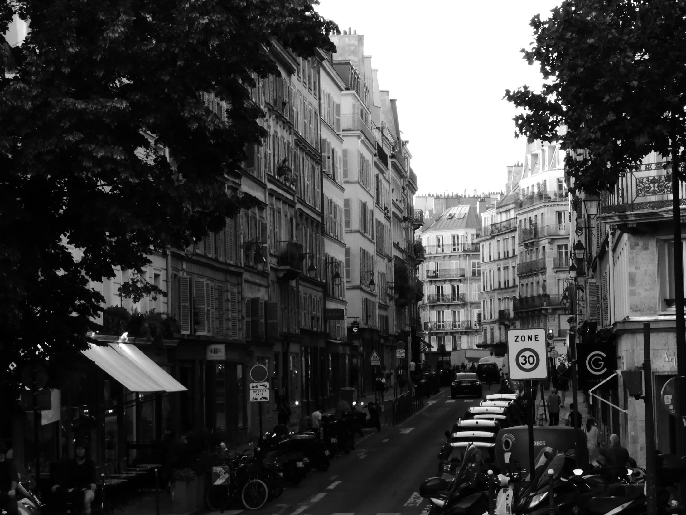 A narrow Paris side street in black and white with parked cars and trees.
