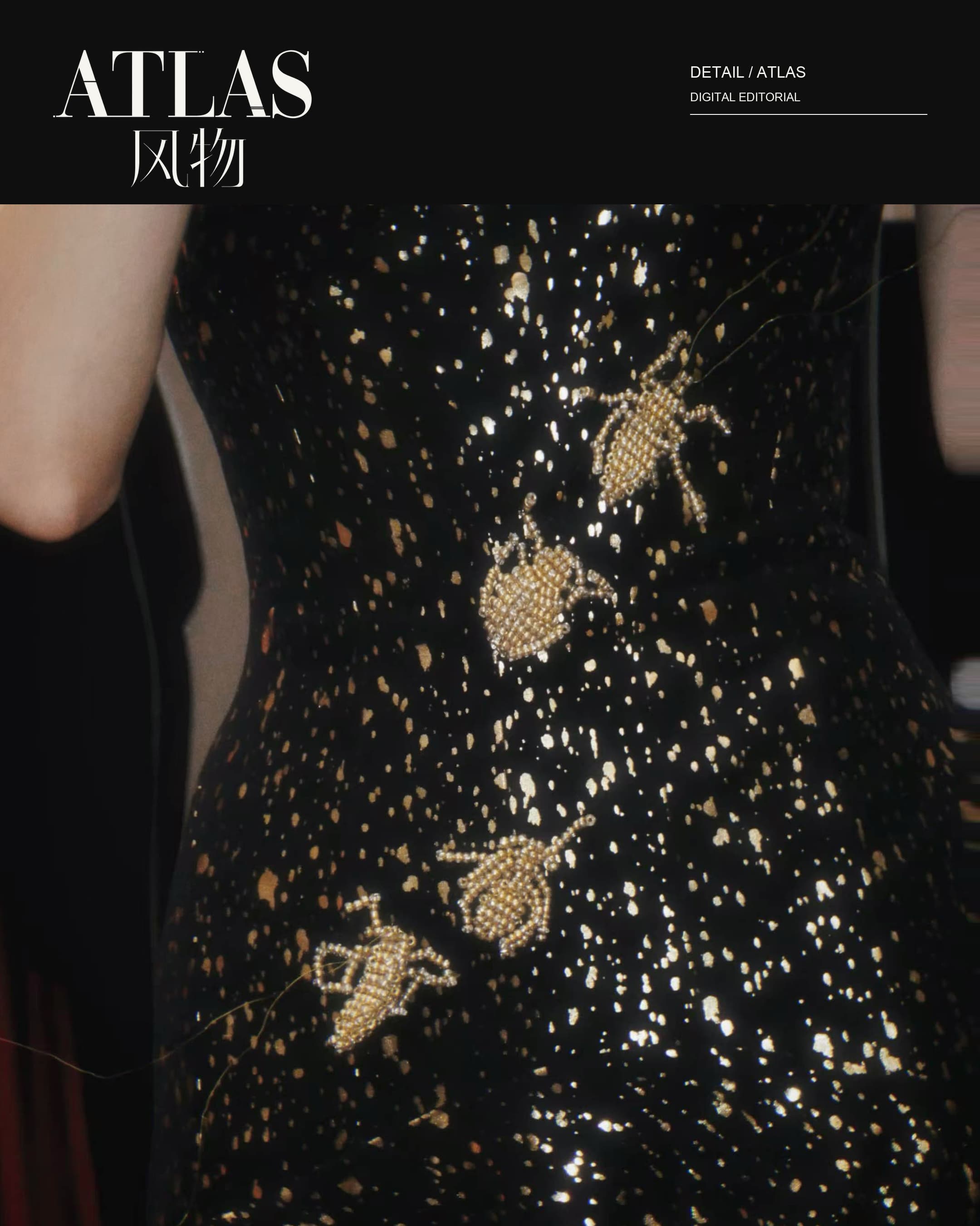 A close detail of black-and-gold fabric and embellished motifs.